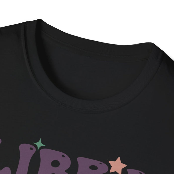 navy t-shirt flat lay showing retro libra zodiac print detail