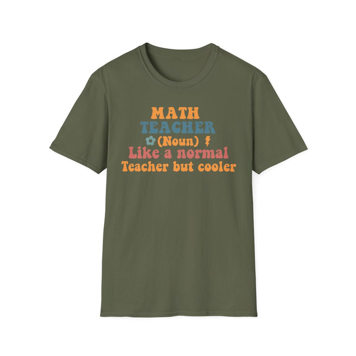 black t-shirt with colorful retro math teacher typography