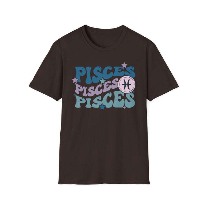 Retro Pisces graphic t-shirt worn, showing vintage zodiac design detail