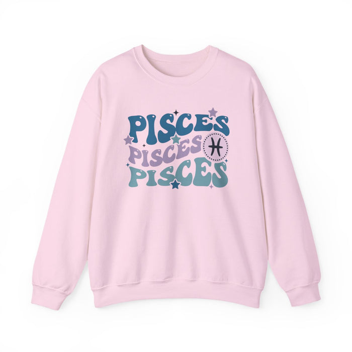 light pink sweatshirt with retro Pisces zodiac sign design and groovy vintage typography