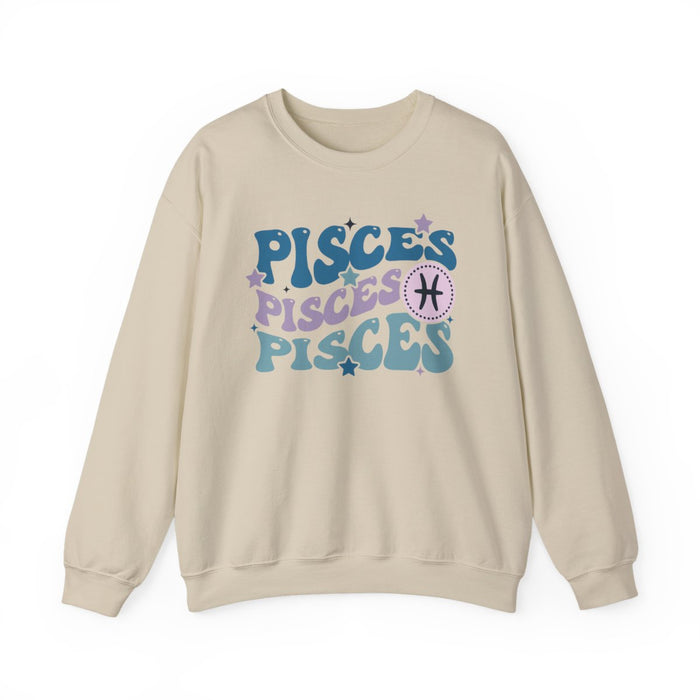 white sweatshirt with Pisces star sign illustration and vintage retro style design