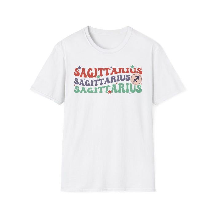 white t-shirt with bold retro zodiac sagittarius graphic