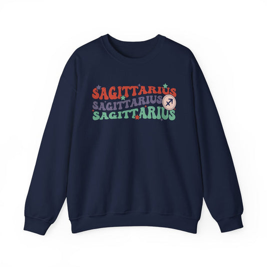 light pink sweatshirt with retro sagittarius zodiac sign design