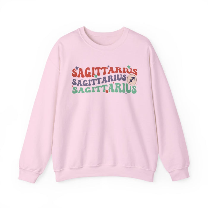 maroon sweatshirt featuring groovy vintage sagittarius astrology graphic