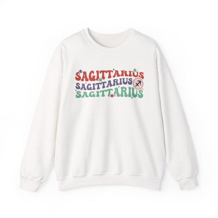navy blue sweatshirt with bold retro zodiac sagittarius print