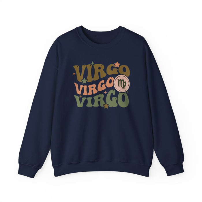 navy sweatshirt featuring retro virgo zodiac design with muted colours