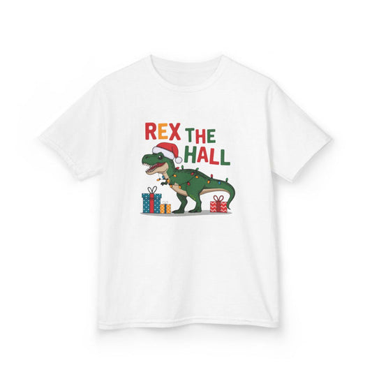 navy kids t-shirt with rex the hall funny dinosaur christmas design
