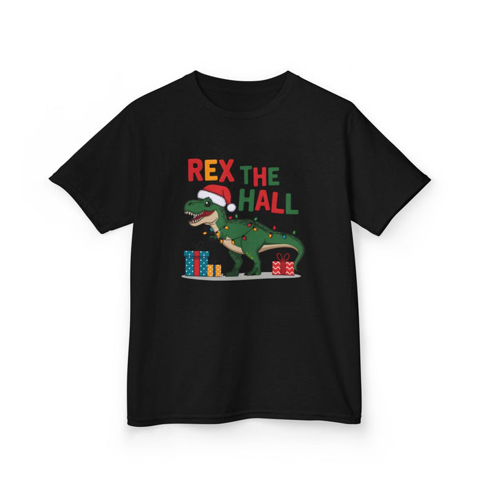 black kids christmas t-shirt with festive rex dinosaur graphic