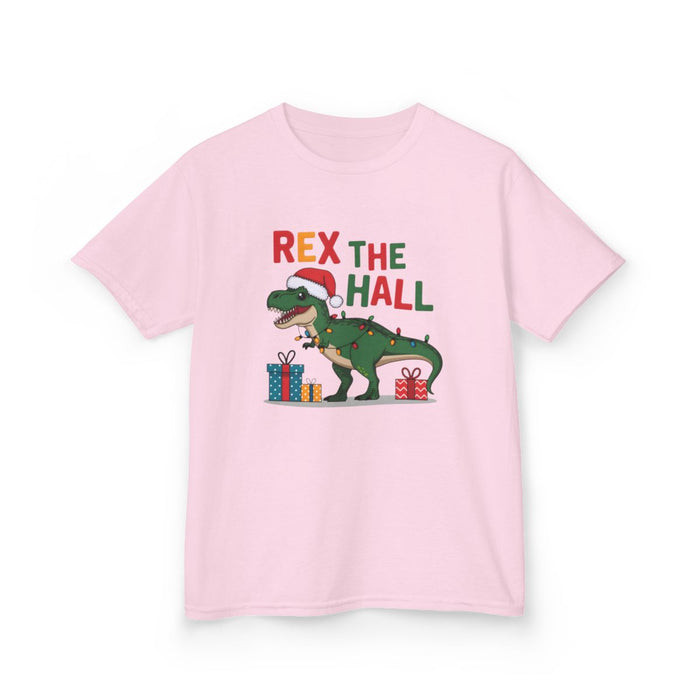white kids tee with rex the hall christmas dinosaur print