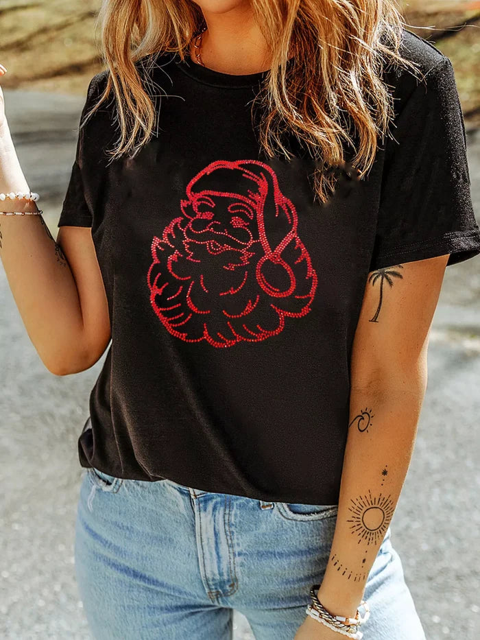 Rhinestone Santa Claus Christmas Graphic T Shirt