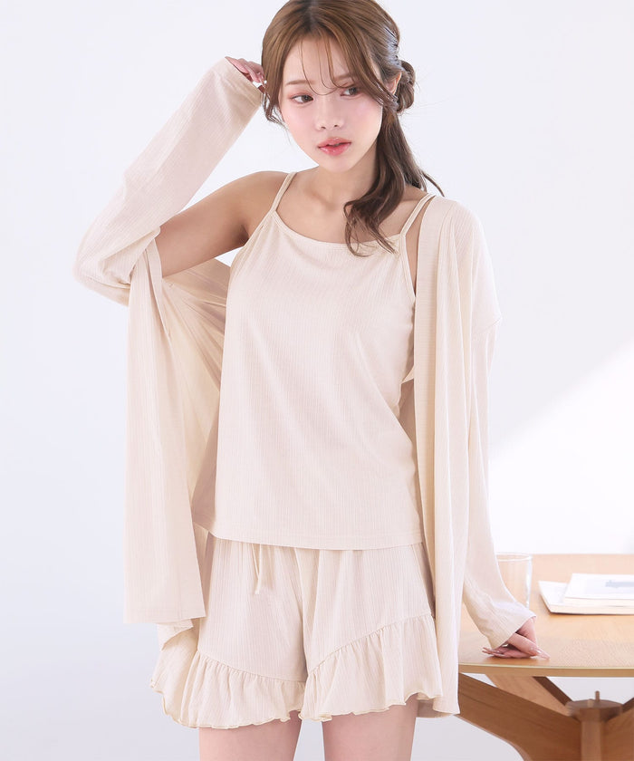 Rib Frill Camisole Cardigan Shorts 3-Piece Set