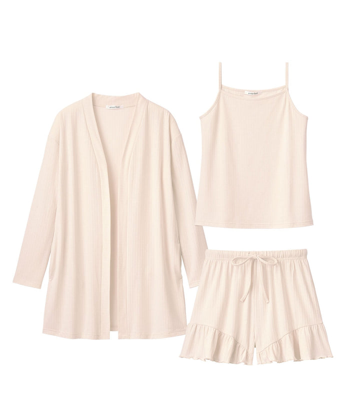 Rib Frill Camisole Cardigan Shorts 3-Piece Set