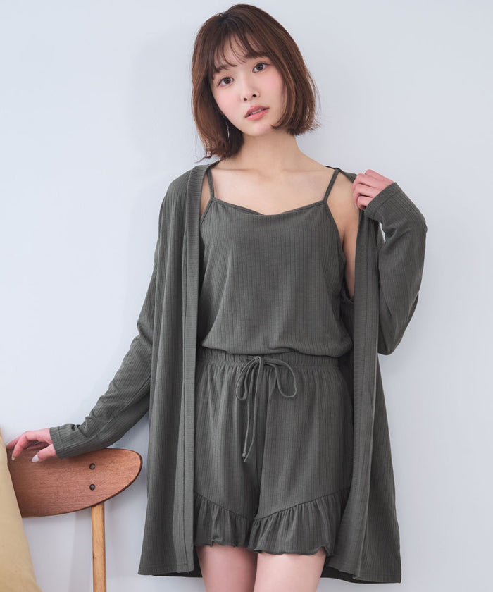 Rib Frill Camisole Cardigan Shorts 3-Piece Set