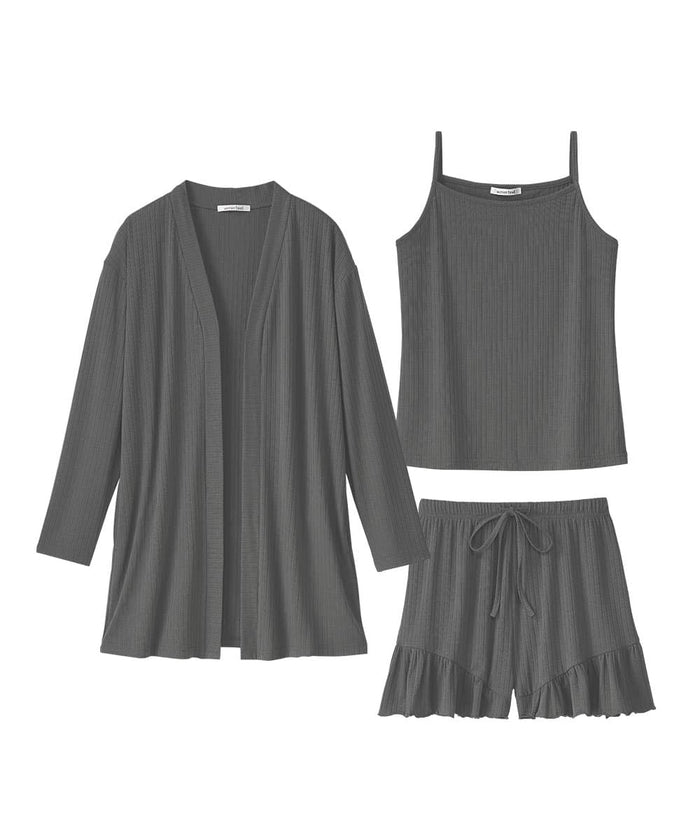 Rib Frill Camisole Cardigan Shorts 3-Piece Set