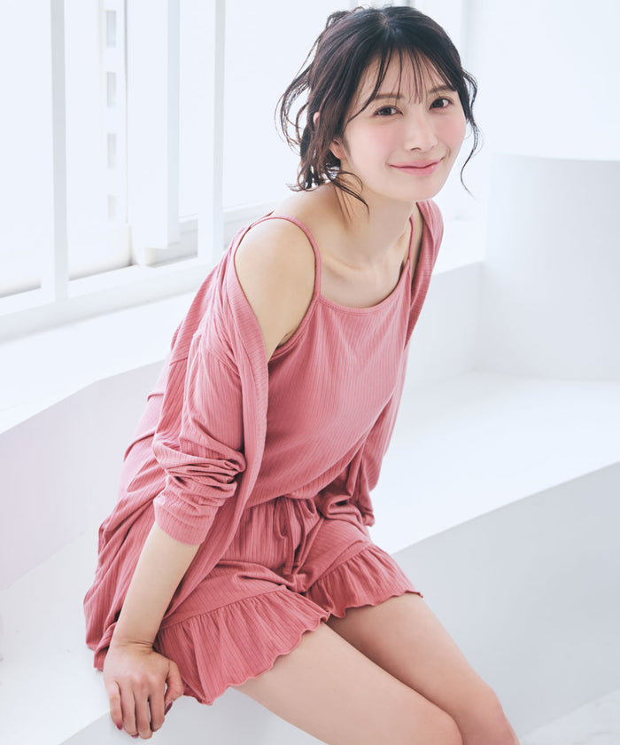 Rib Frill Camisole Cardigan Shorts 3-Piece Set