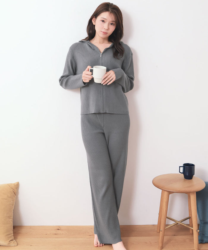 Rib Knit Full-Zip Hoodie Top and Bottom Set