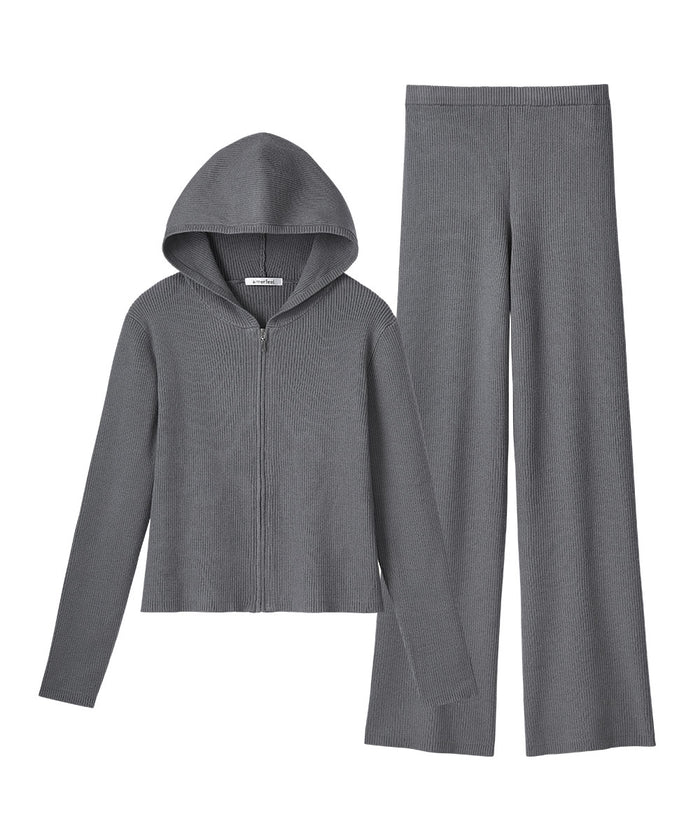 Rib Knit Full-Zip Hoodie Top and Bottom Set