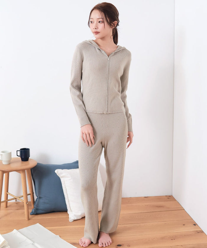 Rib Knit Full-Zip Hoodie Top and Bottom Set