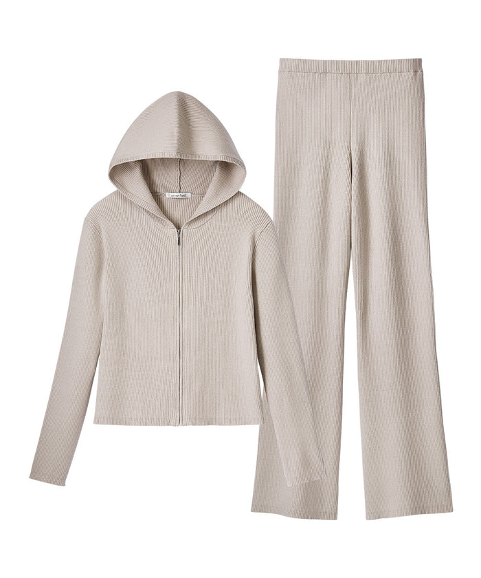 Rib Knit Full-Zip Hoodie Top and Bottom Set