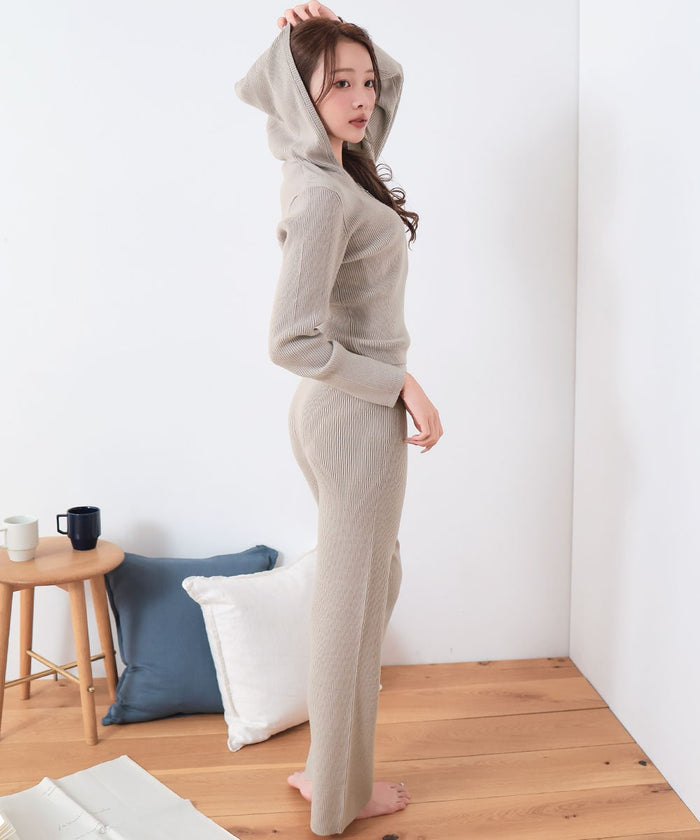 Rib Knit Full-Zip Hoodie Top and Bottom Set