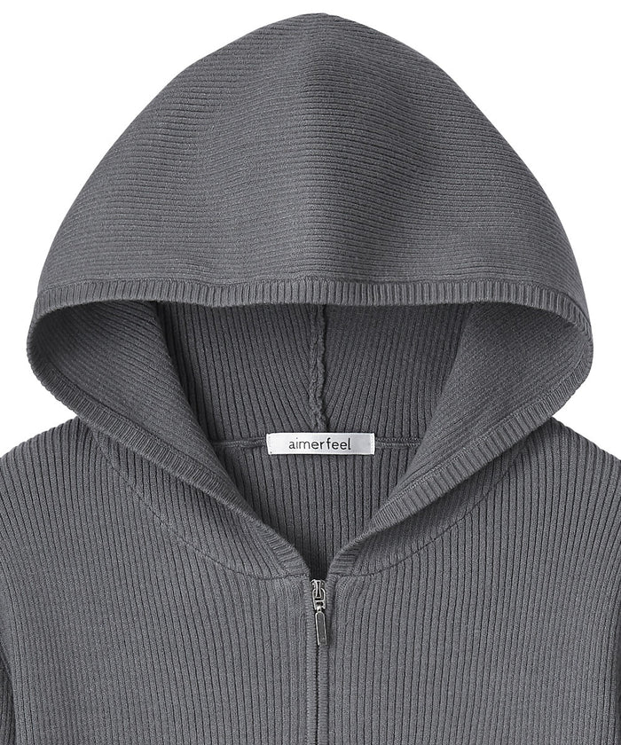 Rib Knit Full-Zip Hoodie Top and Bottom Set