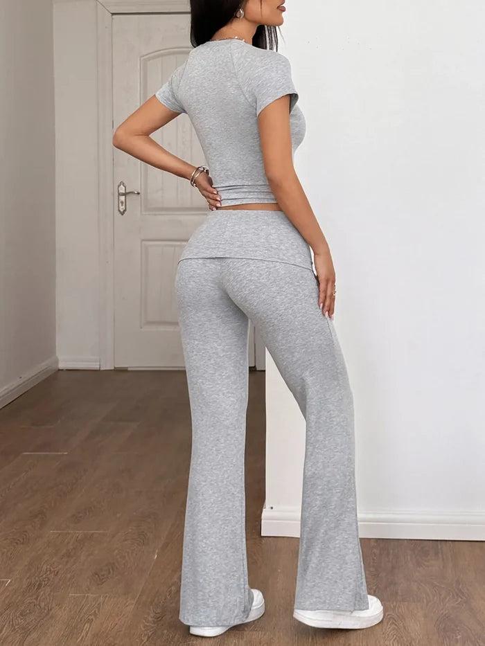 Round Neck Short Sleeve Top and Pants Set