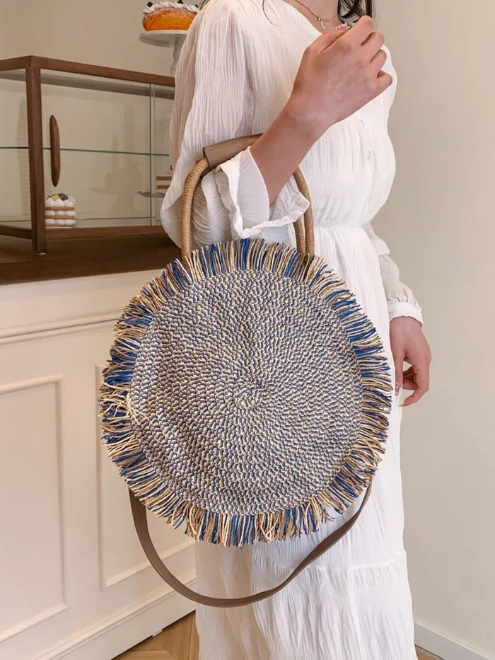 Round Woven Straw Tassel Handbag