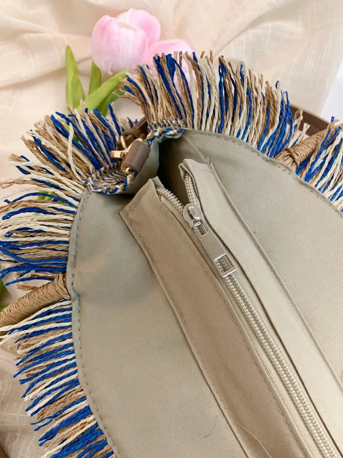 Round Woven Straw Tassel Handbag