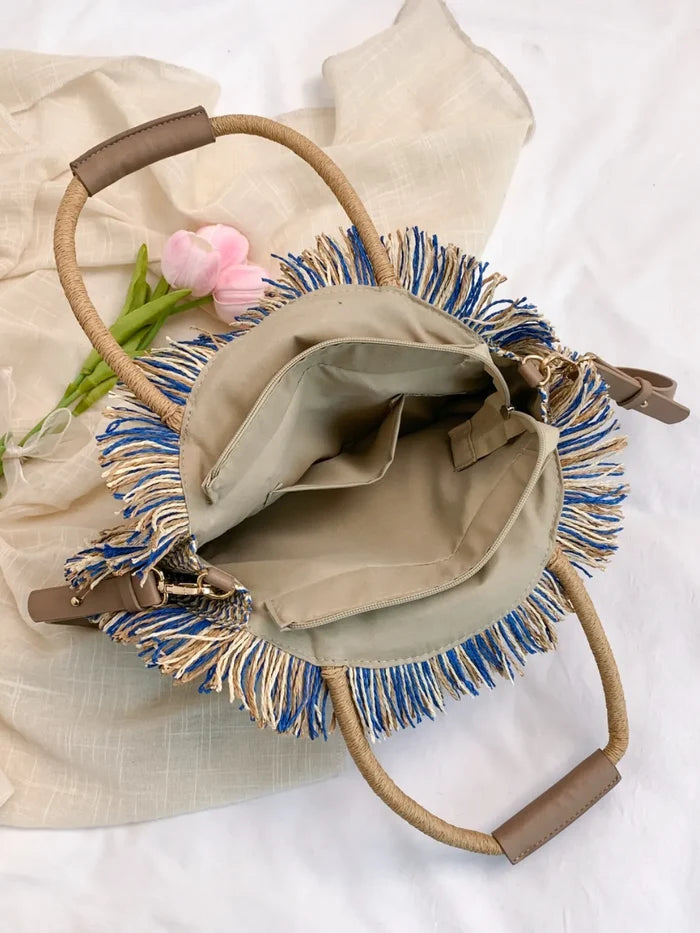 Round Woven Straw Tassel Handbag