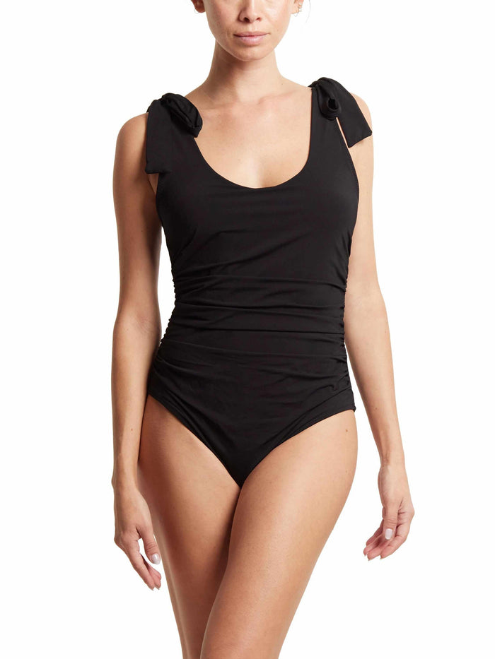 Black Ruched Bow One Piece Swimsuit - Shoulder Tie Bows, Scoop Neck, Front On Model | Hanky Panky