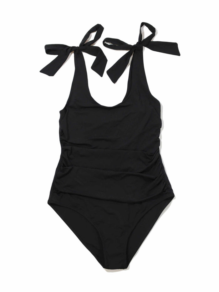 Black Ruched Bow One Piece Swimsuit - Shoulder Tie Bows & Ruching Detail, Flat Lay | Hanky Panky