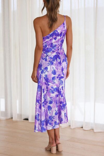 Ruched Printed Single Shoulder Midi Dress