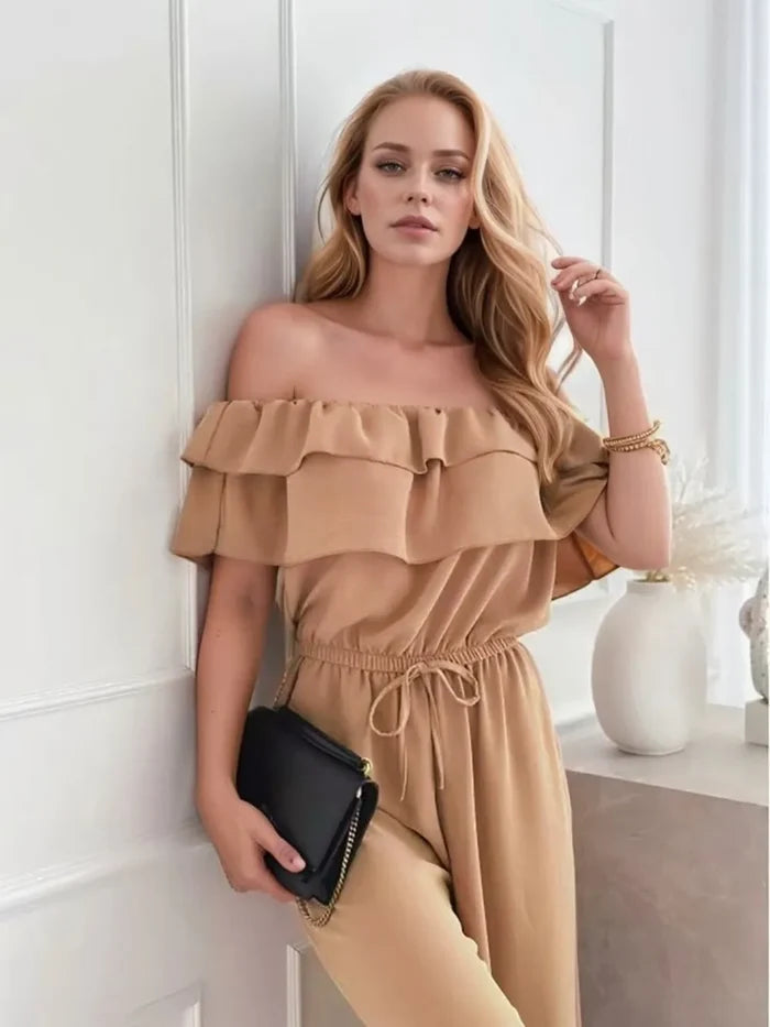 Ruffled Off-Shoulder Wide-Leg Jumpsuit