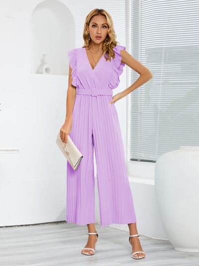 Ruffled Surplice Cap Sleeve Chic Jumpsuit