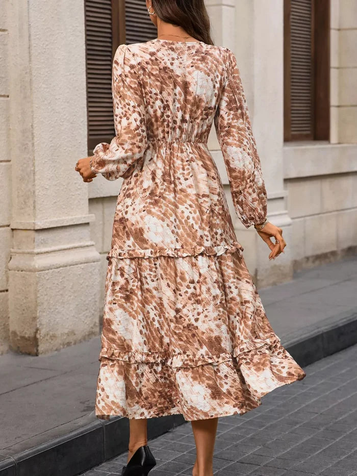 Ruffled V-Neck Balloon Sleeve Dress