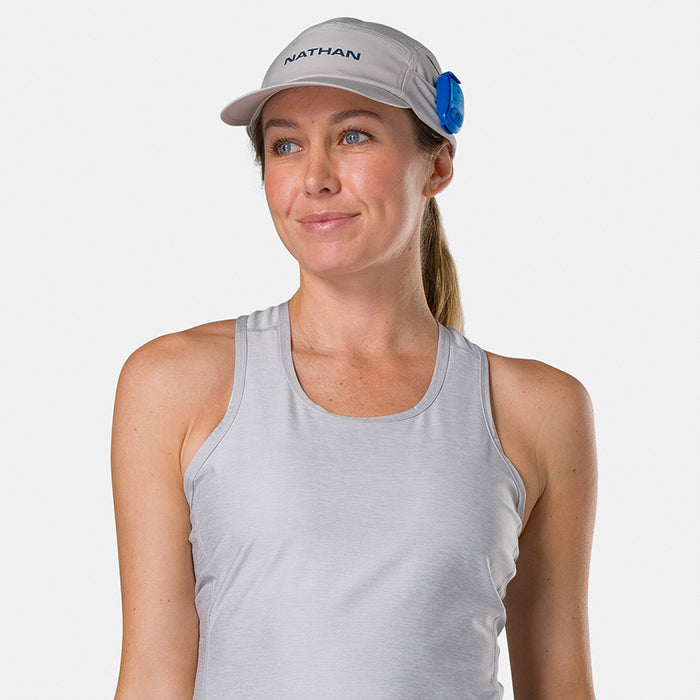 color:Vapor Grey/Sailor Blue||seo:Nathan Run Cool Stash Hat - Vapor Grey/Sailor Blue - On Model - Three Quarter View