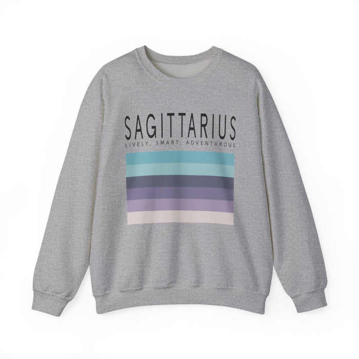 white sweatshirt displaying sagittarius zodiac design detail and fit