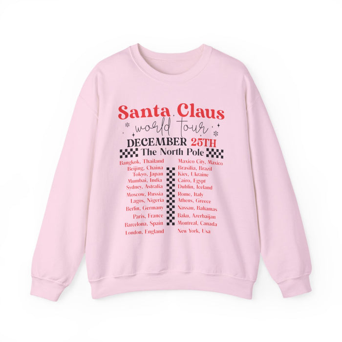 sand sweatshirt with Santa travelling the globe Christmas graphic