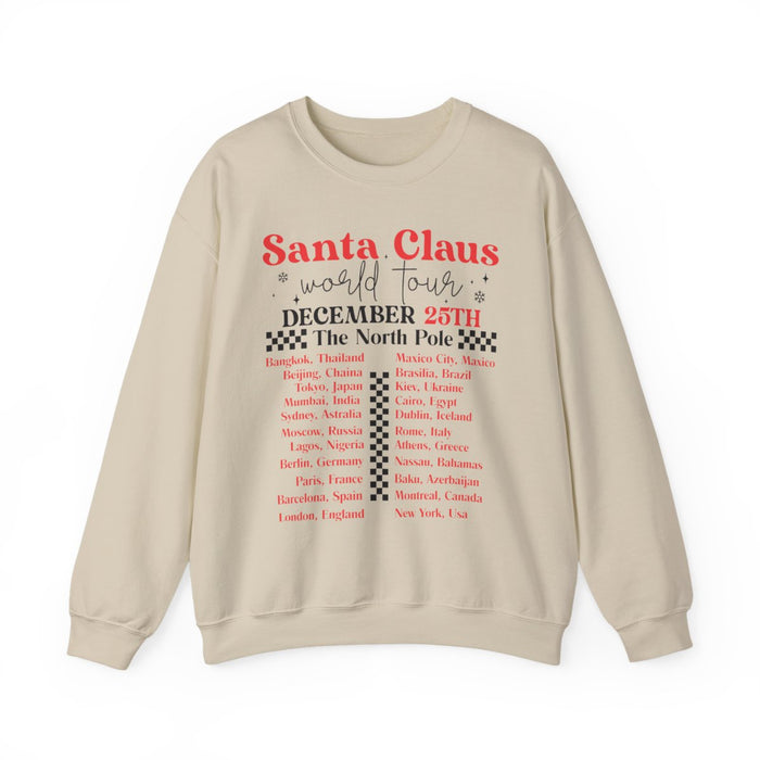 white sweatshirt with Santa world tour holiday gift design