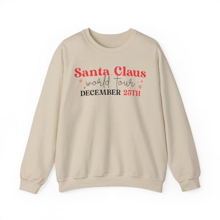 white sweatshirt with santa claus world tour christmas design
