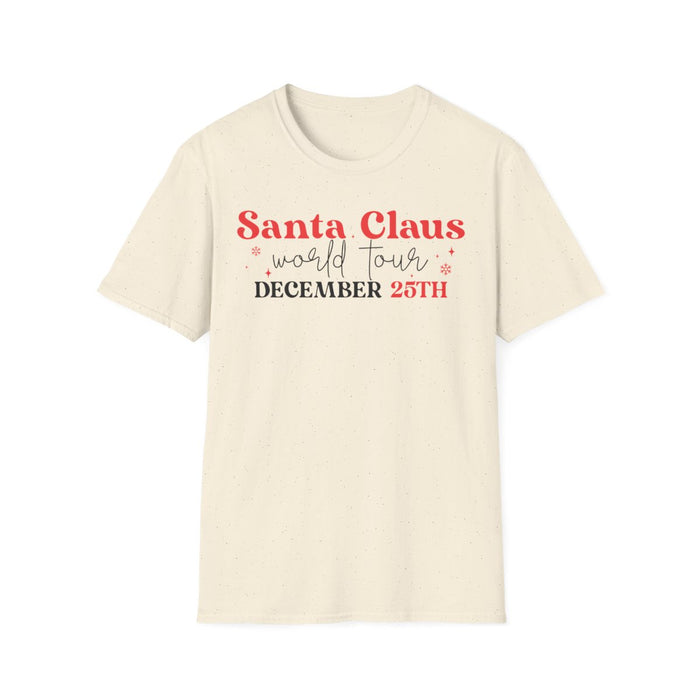 light blue t-shirt with Santa Claus world tour design