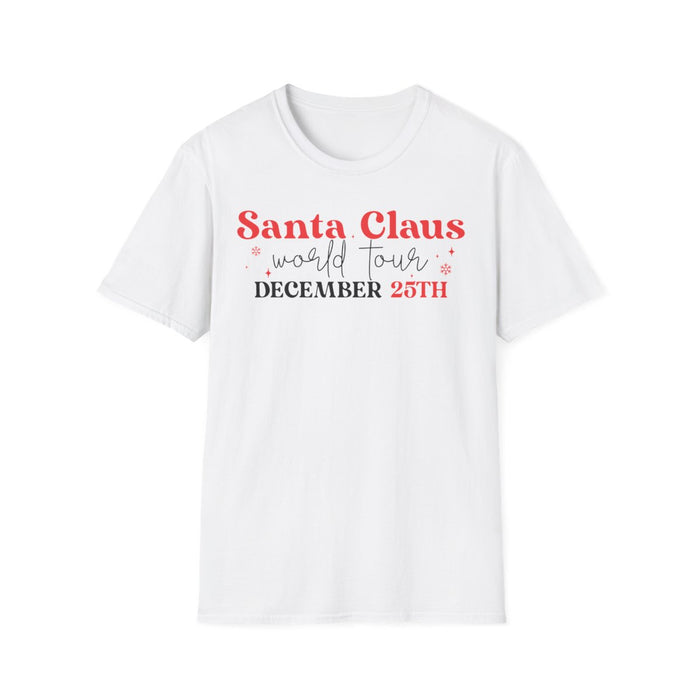 white t-shirt with minimalist Santa tour graphic