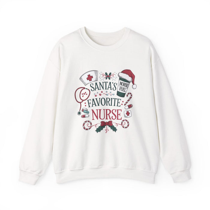 light pink sweatshirt with Santa's Favorite Nurse Christmas design
