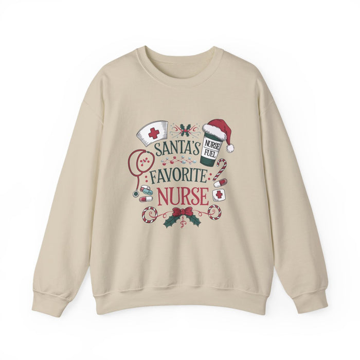 white sweatshirt with Santa's Favorite Nurse holiday graphic for nurses