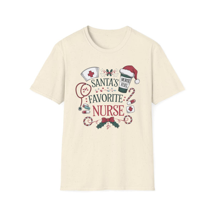 white t-shirt with Santa's Favorite Nurse festive graphic for healthcare workers
