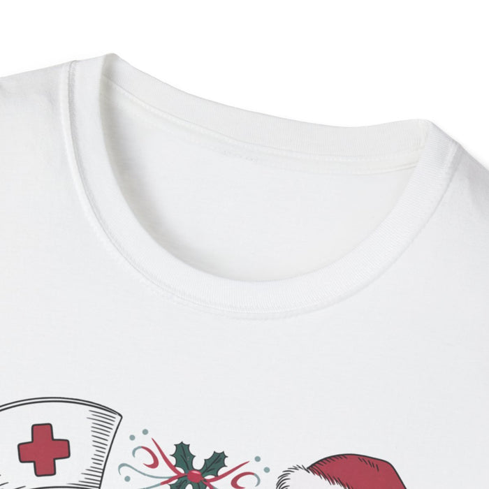light blue Christmas nurse t-shirt worn casually with Santa design