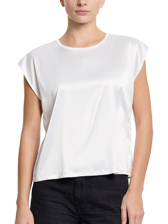 Light Ivory Satin Sleep Cap Sleeve Tee styled with black pants - Front On Model | Hanky Panky