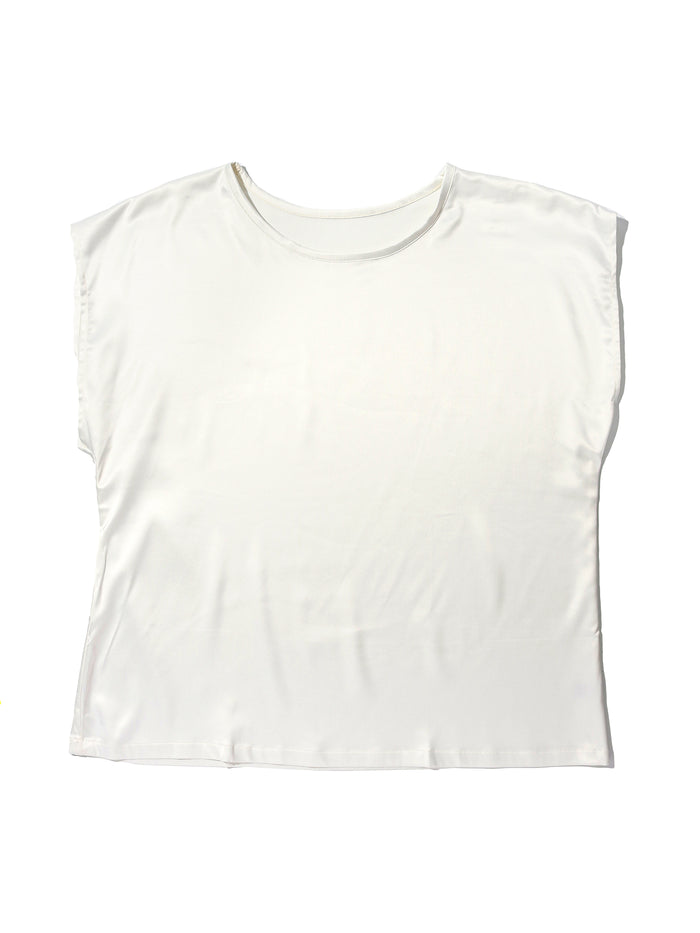 Light Ivory Satin Sleep Cap Sleeve Tee - Flat Lay Detail, Stretch Satin Fabric | Hanky Panky
