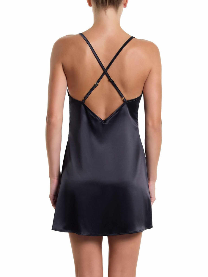 Black Satin Sleep Chemise Crossback Strap Detail - On Model Back View | Hanky Panky