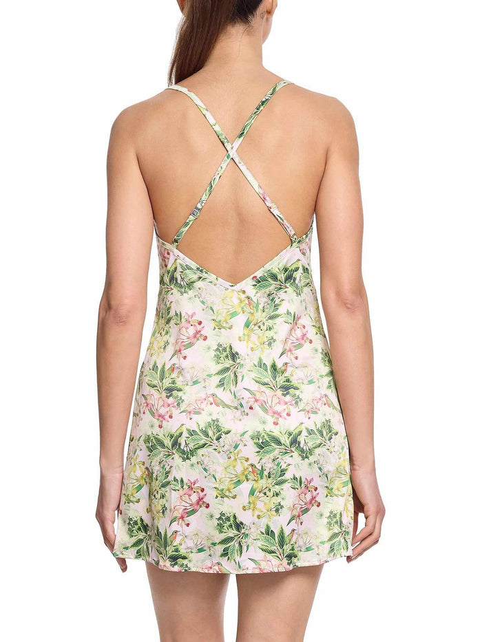 French Garden Floral Satin Chemise - Back View, Cross-Back Straps & Open Back | Hanky Panky